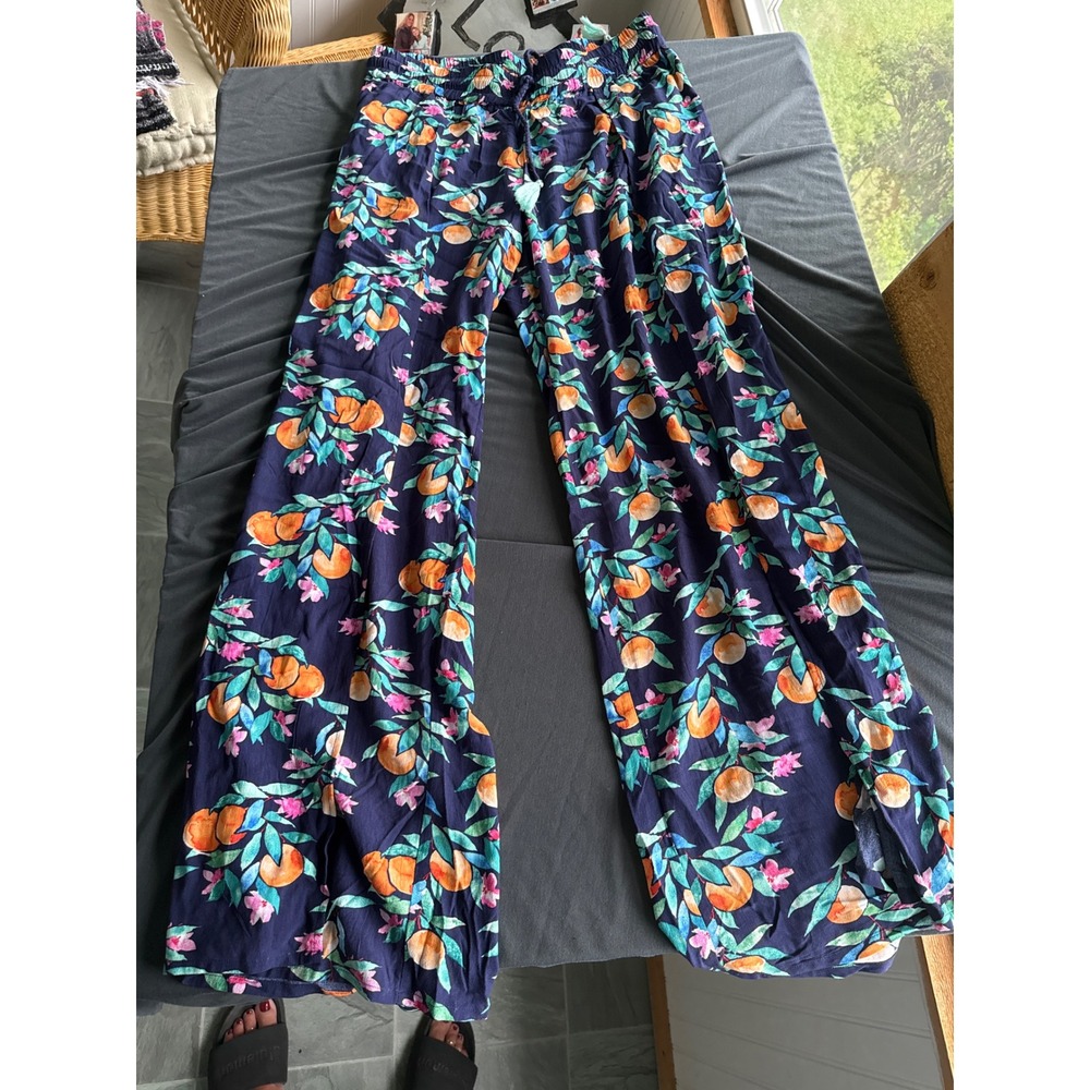 Women Navy Blue Orange Citrus Floral Print Wide Leg Tassel Drawstring Pants